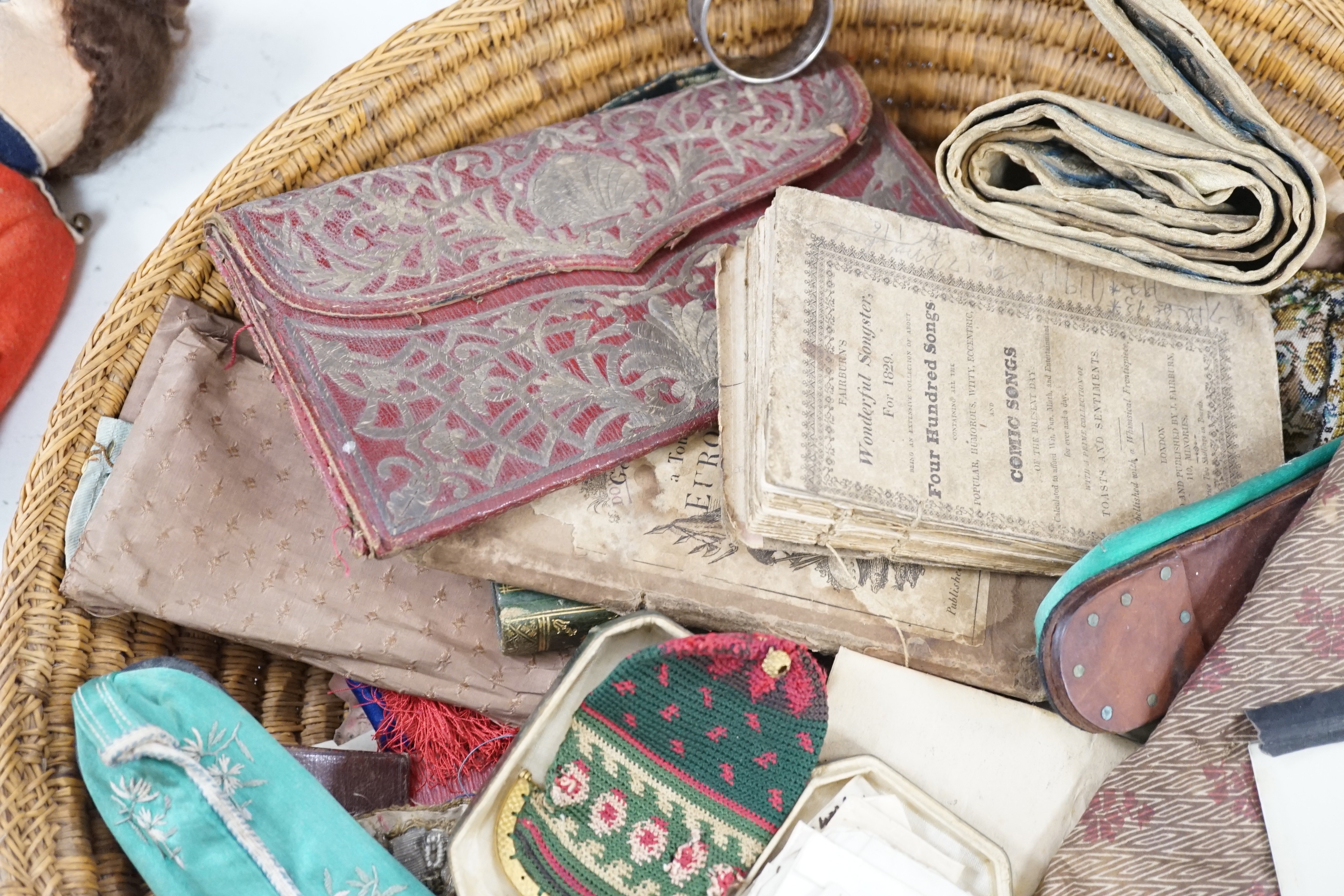 A collection of assorted curios, to include a red leather purse inscribed ‘Constantinople 1752’